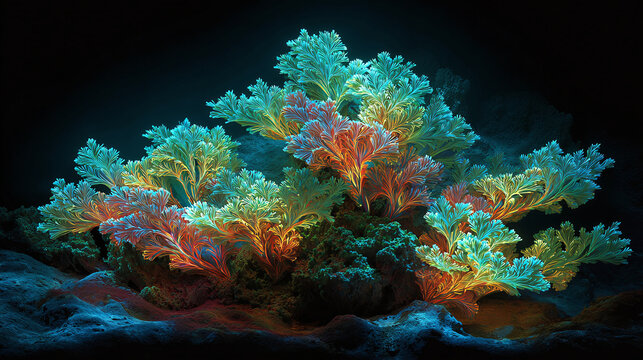 A cluster of vibrant coral illuminated underwater, showcasing intricate details and captivating hues