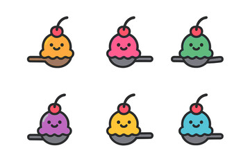 Colorful cartoon ice cream scoops with smiles and cherries in bowls on a white background