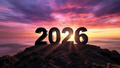 The year 2026 in bold numbers atop a mountain peak, bathed in the vibrant hues of a breathtaking sunrise or sunset.