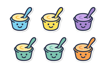 Colorful smiling dessert cups with spoons on white background showcase playful design