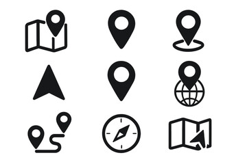 Different navigation icons representing location, direction, and mapping tools for travel and exploration