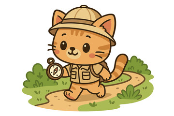 Explorer cat walks along a trail in a forest with a compass in hand