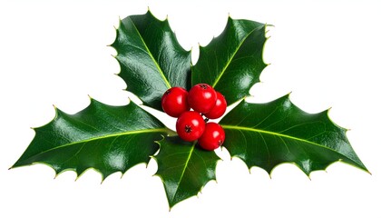 Close-up of glossy green holly leaves surrounding red berries, on white backdrop