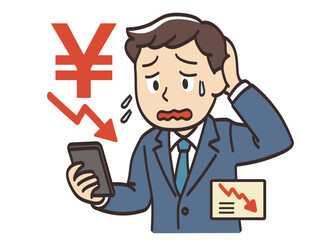 スマホで為替を見て円安に頭を抱えるビジネスマンのイラスト
