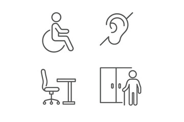 Symbols representing accessibility features including a wheelchair, ear, desk, and door for individuals with disabilities in a clear format