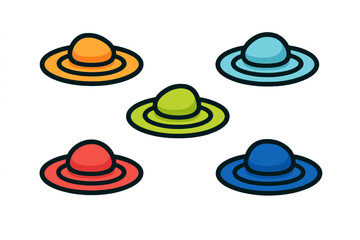 Colorful variety of hats displayed on a white background in a playful and artistic arrangement