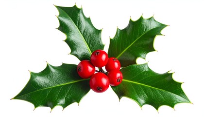 Close-up of glossy green holly leaves and bright red berries against a white backdrop