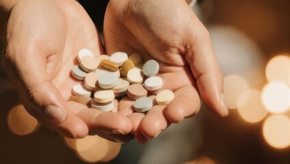 Close-up of hands holding a variety of colorful pills, symbolizing health, medicine, and wellness.
