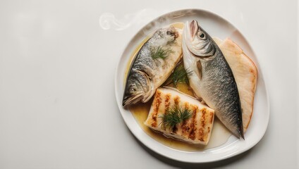 Delicious grilled fish with fresh herbs on a white plate.