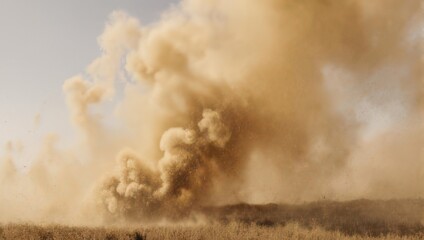 Massive dust cloud rising from dry ground under a hazy sky.