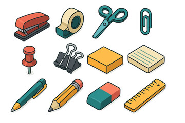 Office supplies collection including stapler, scissors, tape, and more for organizing workspaces and projects