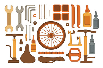 Bicycle repair tools and accessories arranged neatly on a flat surface ready for use
