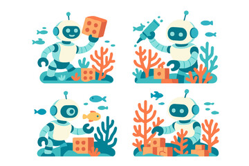 Robots exploring underwater world while playing with blocks and interacting with marine life in a colorful setting