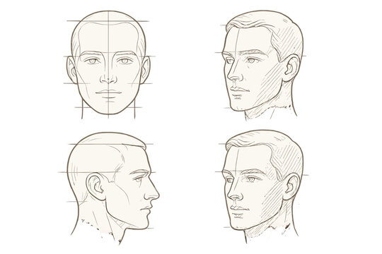 Guide to drawing male facial features from multiple angles with grid layout for proportion accuracy