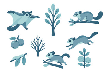 Cute illustrated creatures exploring nature with trees and fruits in a playful setting