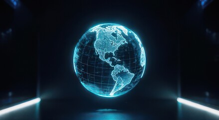 Digital Earth Hologram Spinning in Dark Futuristic Environment.