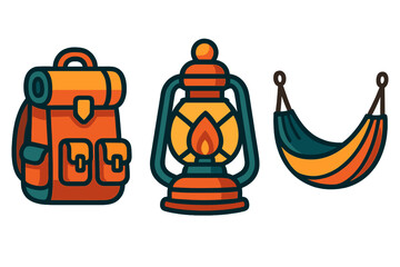 Essential camping gear including a backpack, lantern, and hammock for outdoor adventures