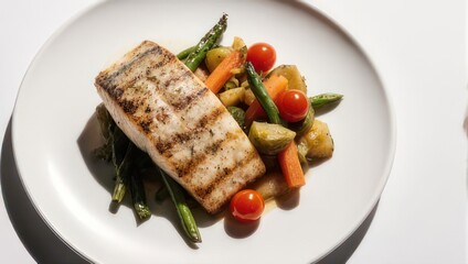Grilled Salmon Fillet with Roasted Vegetables and Asparagus.