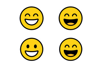 Four cheerful smiley faces express happiness and joy in bright colors on a plain background
