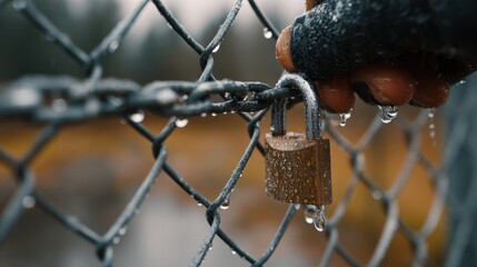&ldquo;Security Guard Holding Wet Padlock on Fence on Rainy Day for Enhanced