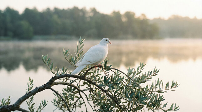infamy. White dove perched on olive branch against calm lake at dawn. wildlife magazines, conservation campaigns, designed for wildlife conservation campaigns, used by retail merchandisers.