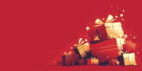 Golden Christmas Gift Boxes with Ribbons on Red Background, Festive Holiday Shopping and Celebration Concept for Seasonal Promotions and Winter Retail Campaigns