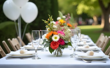 A beautifully arranged table for a graduation party features floral centerpieces with vibrant blooms, white balloons, and neatly folded napkins, creating a joyful atmosphere outdoors. High quality