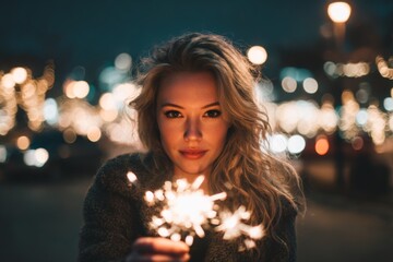 Blonde Latina woman holding a bright Christmas sparkler in her hand, pyrotechnic fireworks, and bokeh in the dark background