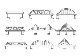 Different types of bridge designs displayed in a simple line art style showcasing structural variety and engineering creativity © Andrei