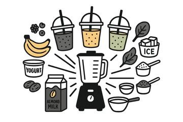 Blender setup for making healthy smoothies with fresh fruits and ingredients displayed around it