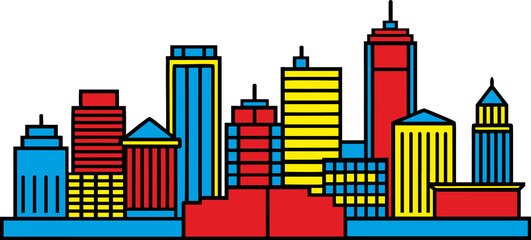 City skyline with buildings in a minimalist pop art flat design. Vibrant red, blue, and yellow architecture creating an urban landscape illustration