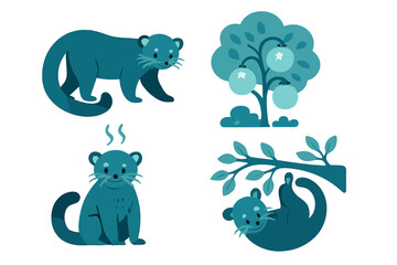 Cute and playful otters in various poses around a tree with green fruits