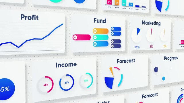 Looping Business Infographics For Economics Education And Presentations. Looping animation of cards with various economic graphs and diagrams moving on white background. 