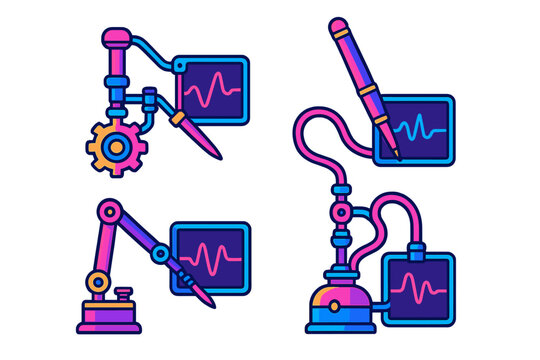 Modern engineering designs featuring robotic arms, graphs, and digital tools in a colorful and vibrant style