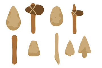 Collection of prehistoric stone tools displayed on a white background, showcasing different shapes and sizes in simple design