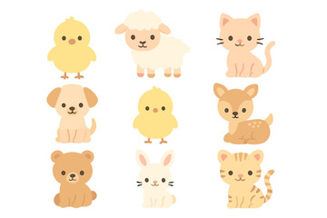 Cute and colorful animal illustrations featuring a variety of playful baby animals in soft tones