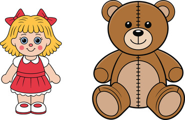 Cartoon doll and teddy bear, classic children toys, cute playtime icons, childhood fun characters, flat vector illustration