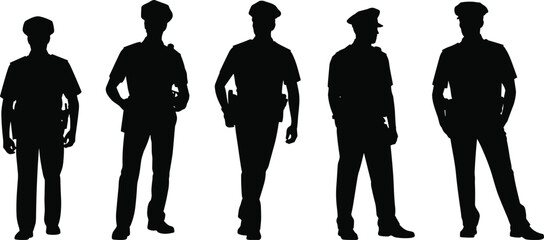 Police officer silhouettes, law enforcement poses, black uniform vector, patrol icons, security personnel graphic, authority figure illustration