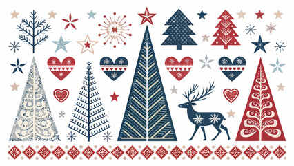 Christmas festive christmas trees hearts stars snowflakes and reindeer in folk art style design
