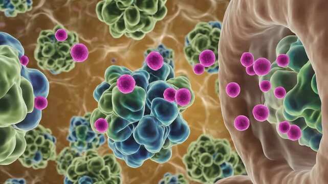 Thyroglobulin molecules drifting within colloid, represented as glowing clusters suspended in gel-like fluid, surrounding follicular cells respond with subtle membrane movements, absorbing iodine 