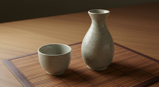 Light gray ceramic sake set on bamboo placemat on light brown wooden table. Elegant, simple, and traditional beverage vessel arrangement with a modern, understated style.