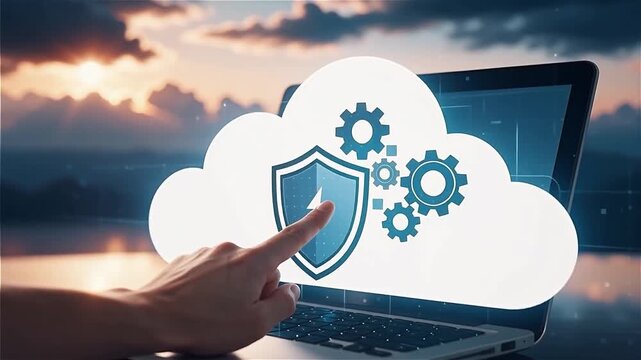 Hand pointing at laptop screen displaying cloud security icon with shield and gears, symbolizing cybersecurity, data protection and digital safety against sunset backdrop.
