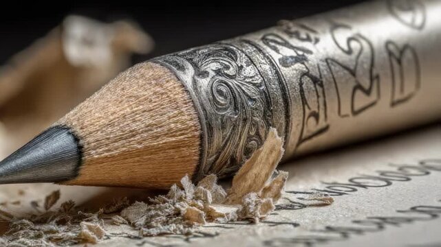 A close-up of an ornately engraved pencil with a sharp graphite tip, surrounded by wood shavings on paper.