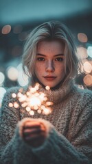 Blonde Latina woman holding a bright Christmas sparkler in her hand, pyrotechnic fireworks, and bokeh in the dark background