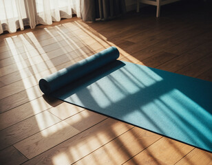 Morning sunbeams illuminate a partially unrolled blue yoga mat on a warm wooden floor, inviting a peaceful start to daily meditation and fitness practice at home