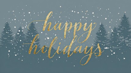 Happy holidays golden glitter script with falling snow and pine trees