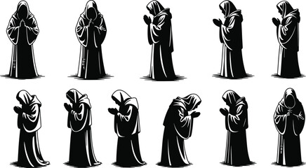 Hooded monk prayer poses, spiritual silhouette set, contemplative robe figures, religious meditation icons, solemn gesture collection, flat vector illustration