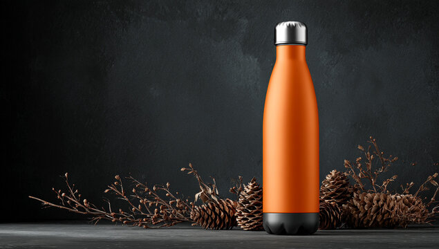 A solid orange-colored, matte stainless steel water bottle with a black bottom and silver cap is placed on the table - Powered by Adobe