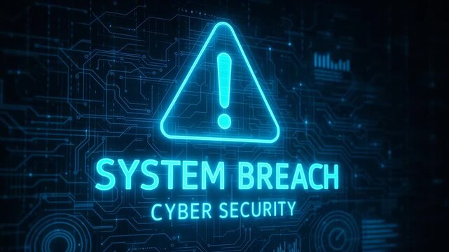 Cyber Security System Breach: A digital representation of a cyber security system breach is highlighted with an exclamation mark within a warning triangle and text overlay.