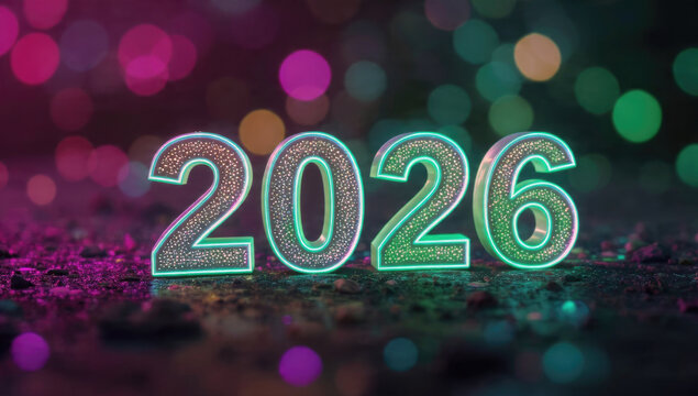 Shiny 3D numbers "2026" with teal neon glow and glitter stand on a dark, textured ground, illuminated by colorful bokeh lights.